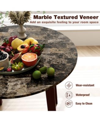 35 Inch Round Dining Table with Rubber Wood Legs and Marble-textured Veneer Tabletop