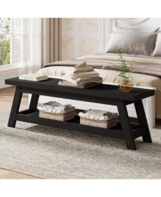 55" Wood Entryway Bench with Shoe Storage, Large 2-Tier Narrow Hallway Foyer Seating Bench