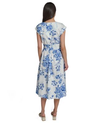 Women's Floral Smocked V-Neck A-Line Midi Dress