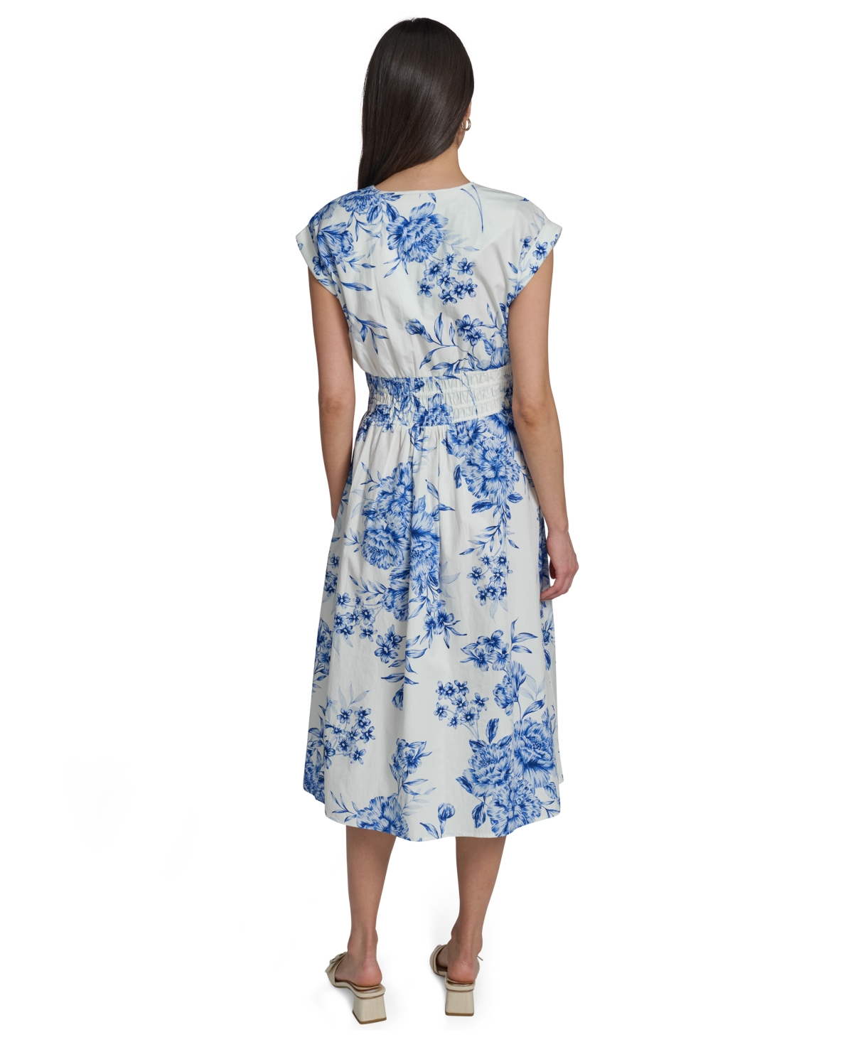 Calvin Klein Women's Floral Smocked V-Neck A-Line Midi Dress
