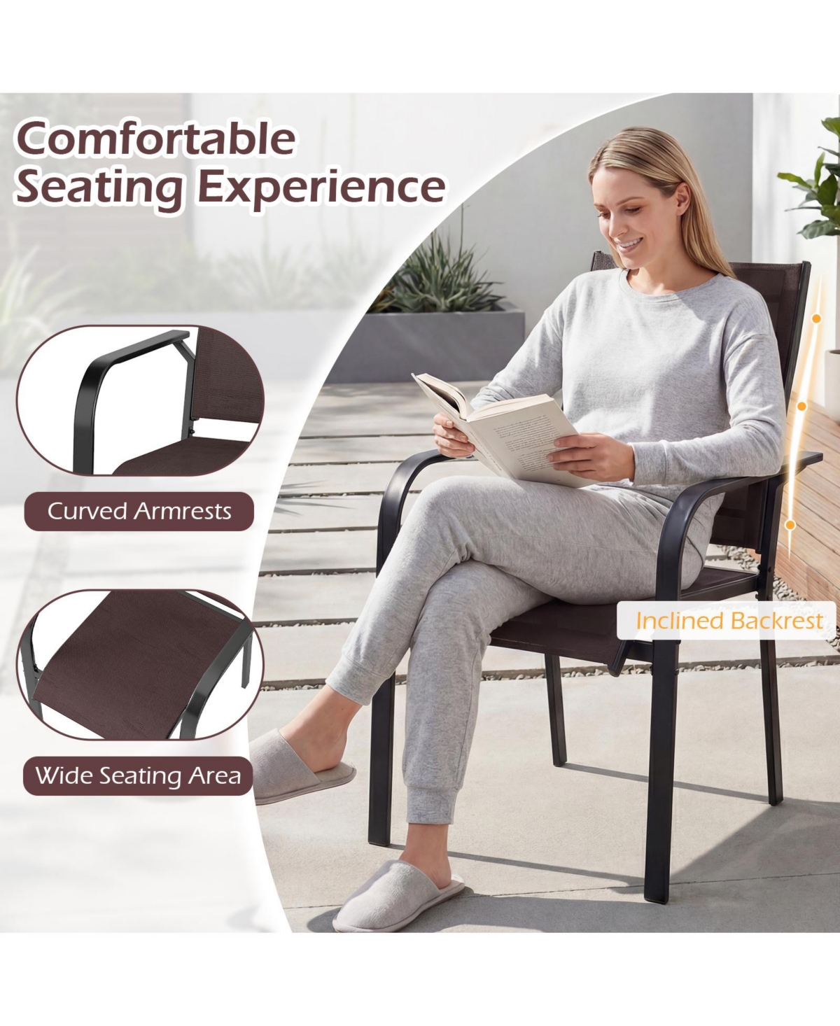 Gymax Patio Dining Chairs Set of Stackable Outdoor Armchairs w/Metal FrameBackrest