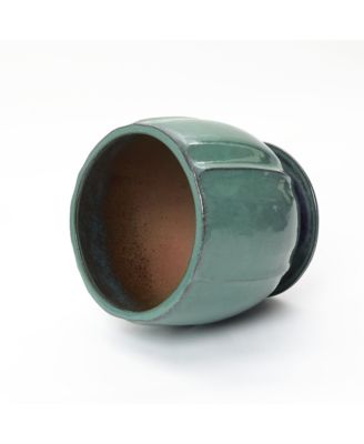 Glossy Gradient Teal Ceramic Planter, 13.4-Inch Tall Ridged Container with Connected Tray