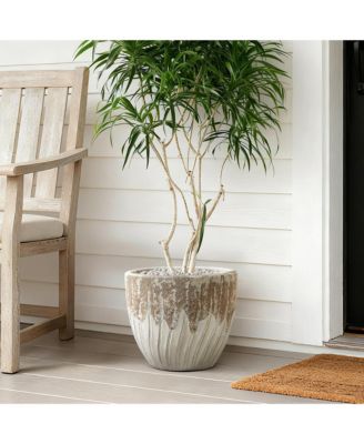 14" Dia Two Tone Ivory Large Round Plant Pots, Modern Indoor Outdoor Ceramic Planter for Living Room, Garden, Patio