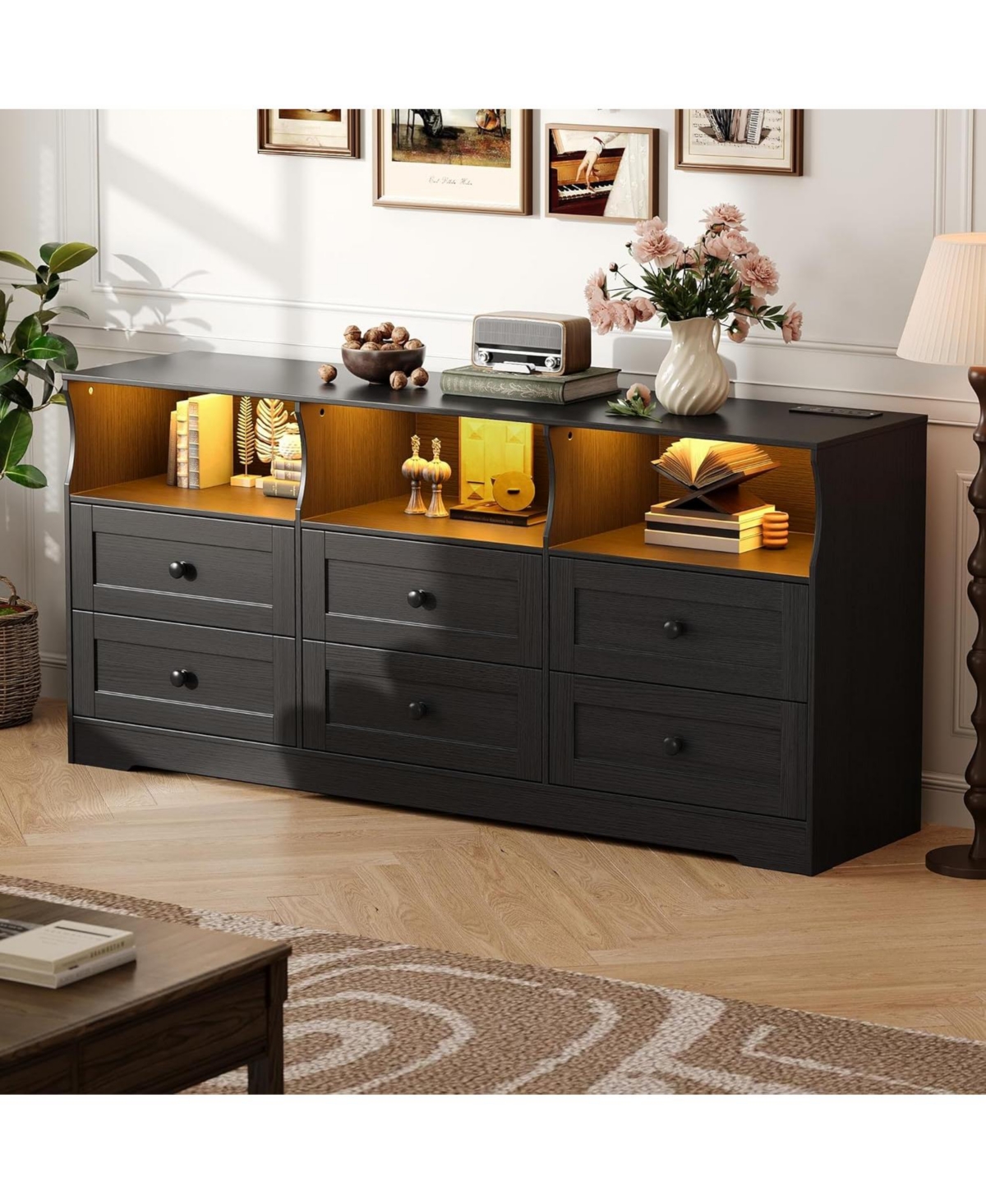 gaomon 6 Drawer Dresser with Rgb Lights & Power Outlet, Tv Stand Storage Cabinet for Living Room, Bedroom, Entryway