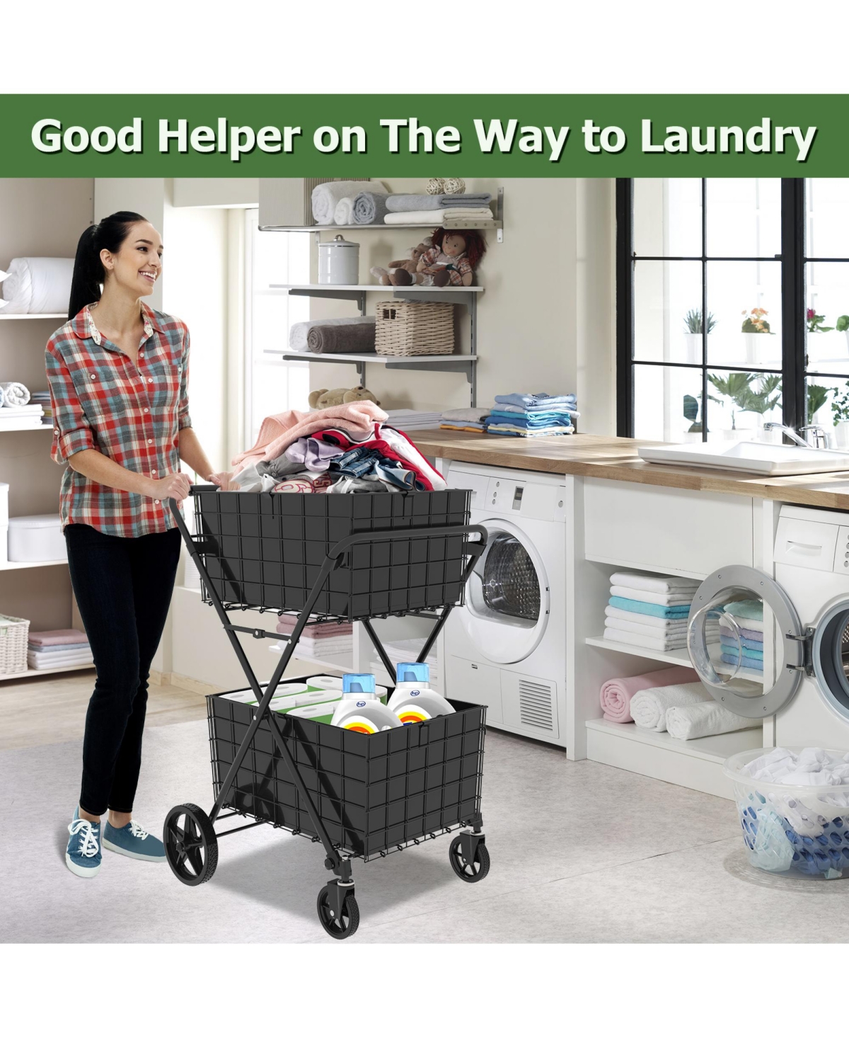 Rainsken 2 Layers Grocery Cart on Wheels, Extra Jumbo Foldable Shopping Cart with 2 Removable Baskets and Waterproof Liner for Camping