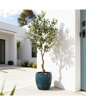 Oceanside Teal Ceramic Planter Pot , 11.8” Tall Glossy Plant Container with Drainage Hole