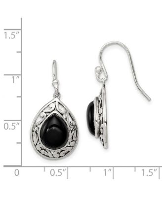 925 Sterling Silver Oxidized Rhodium-Plated Teardrop Simulated Onyx Filigree Boho Hook Earrings