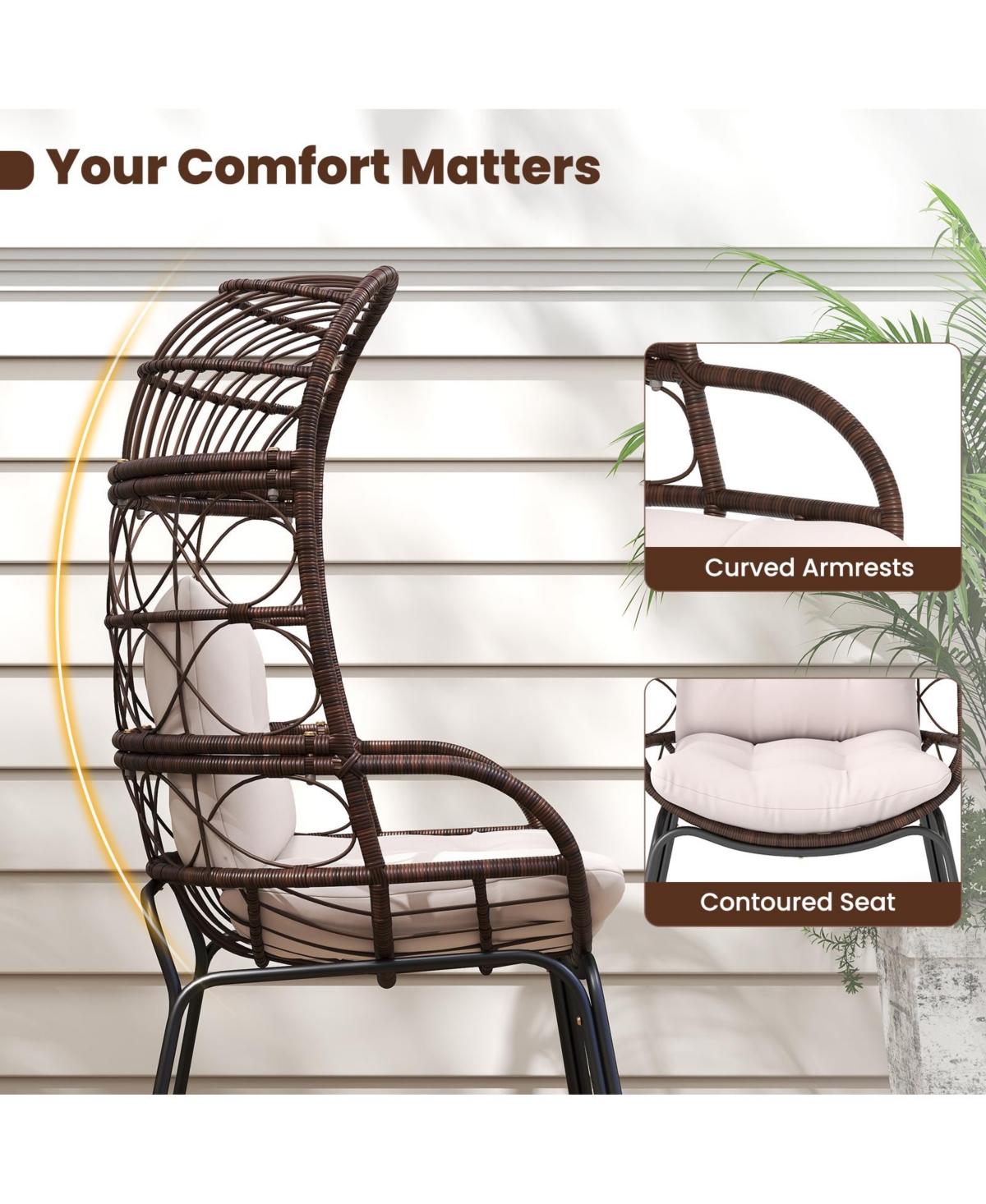 Gymax Pe Wicker Egg Chair Patio Cocoon Lounger w/ Comfortable Cushions & Metal Frame