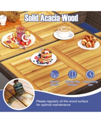 9 Pieces Patio PE Wicker Dining Set Outdoor Acacia Wood Table & Chairs