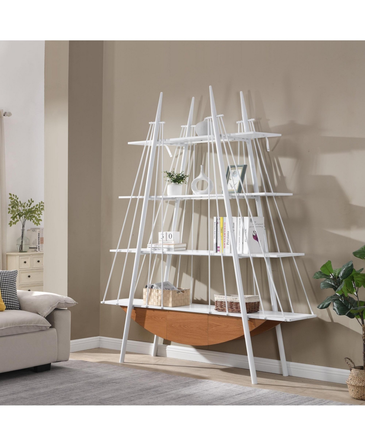 Rainsken 4-Tier Sailboat-Inspired Freestanding Open-Storage Bookshelf with Drawer