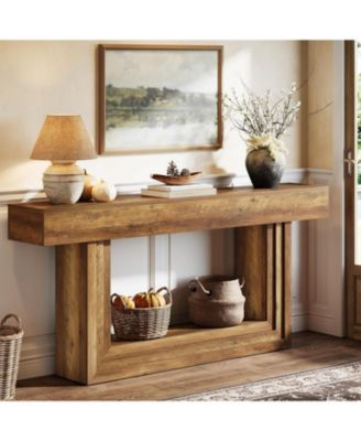 63" Narrow Console Table, 2-Tier Long Entryway Table, Farnhouse Console Behind Couch, Brown