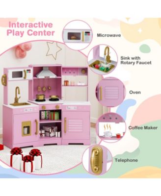 Pretend Play Kitchen Wooden Toy Set with Range Hood, Realistic Lights & Sounds