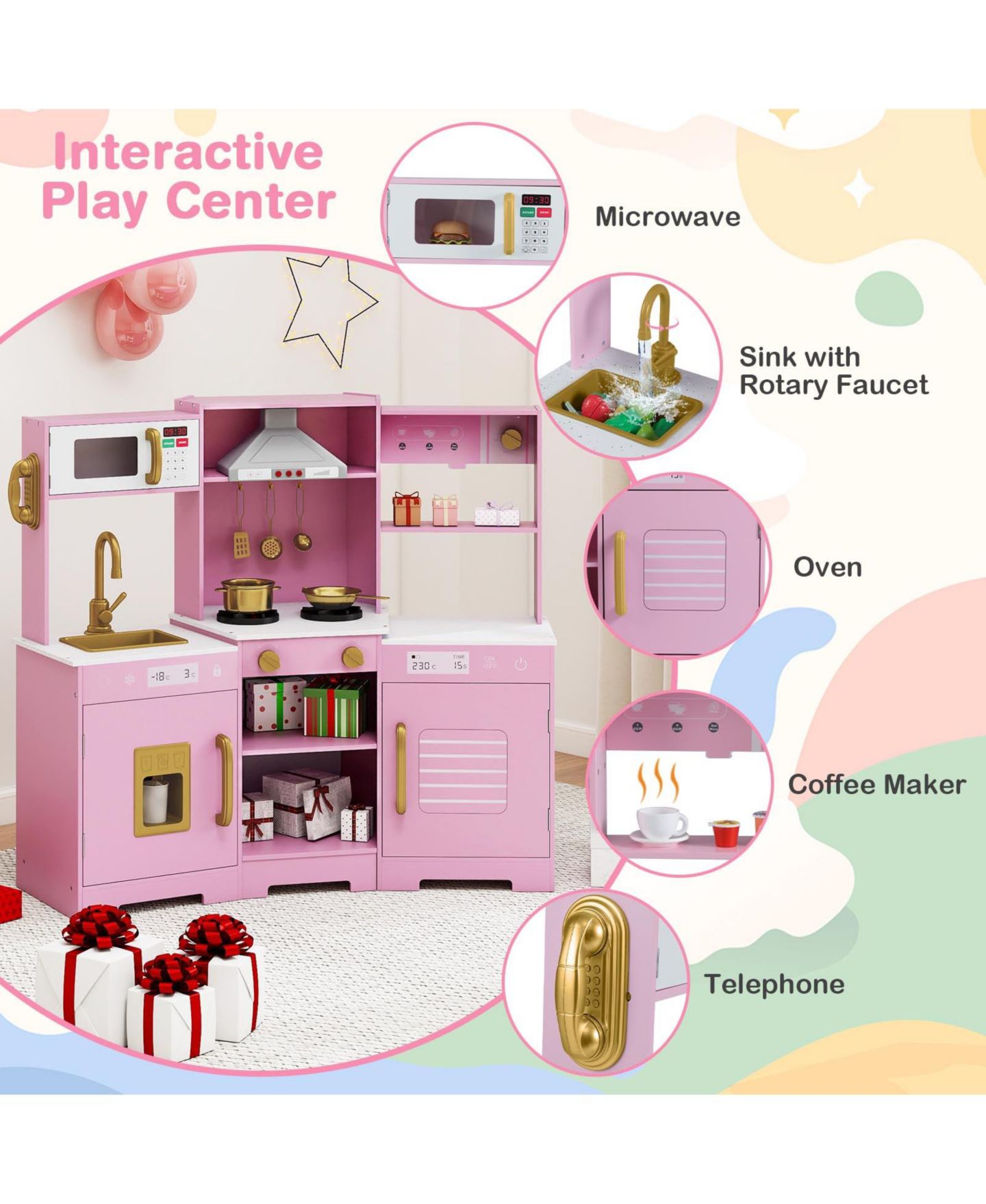 Детский игровой набор Mecale Lights & Sounds Wooden Play Kitchen Playset, Ages 3+, цвет: Розовый — фото 9