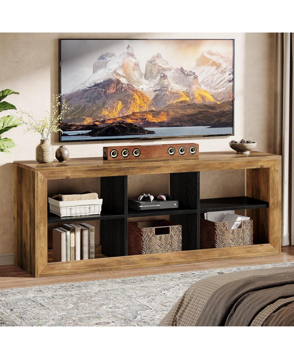 Tribesigns 63" Tv Stand for Up to 70 Inch Tvs, Farmhouse Entertainment Center with 6 Open Storage Cubes, Wooden Media Console TV