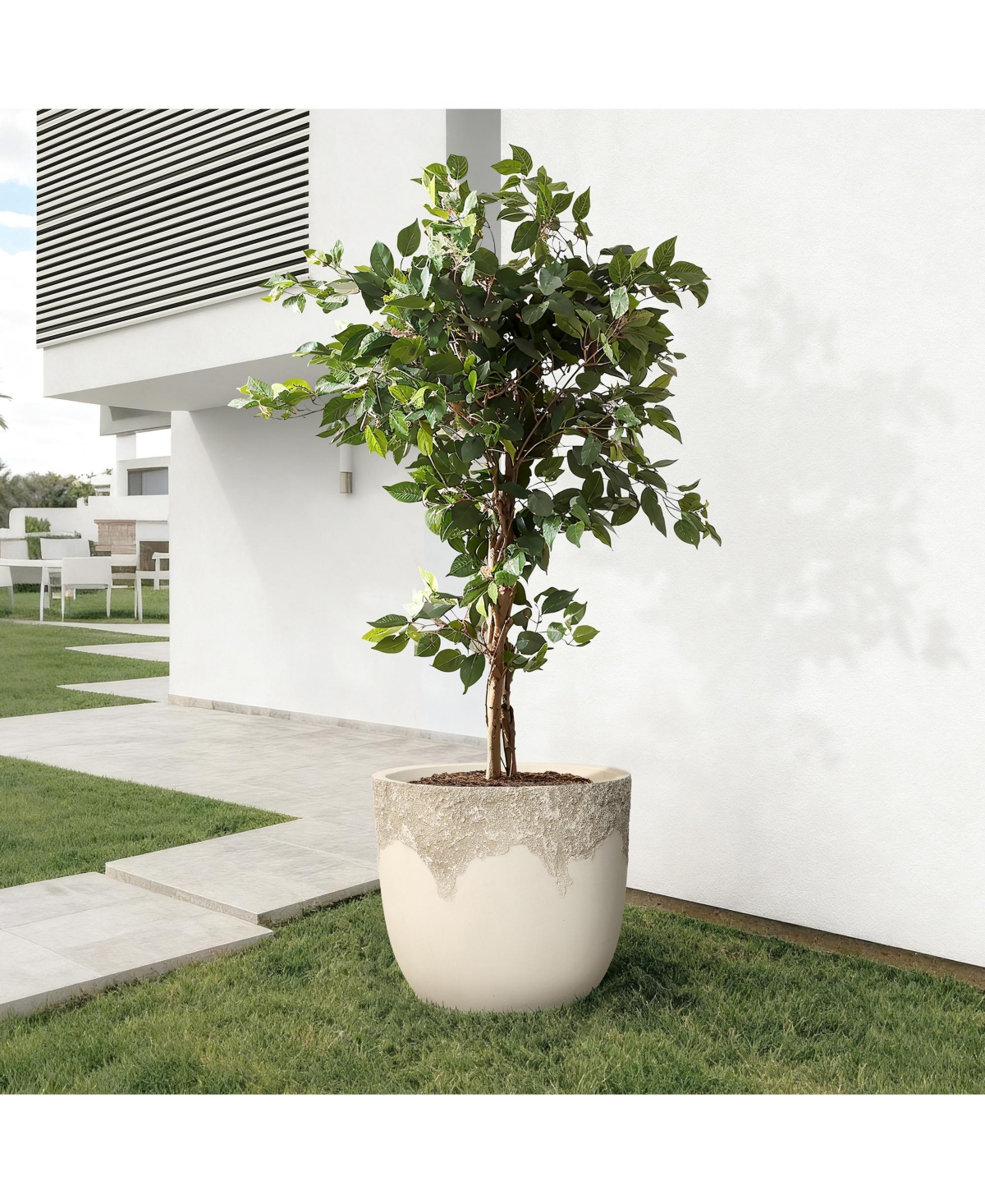 LuxenHome Antique Travertine 15.75" Round Planter, Tapered Pot for Indoor & Outdoor Use