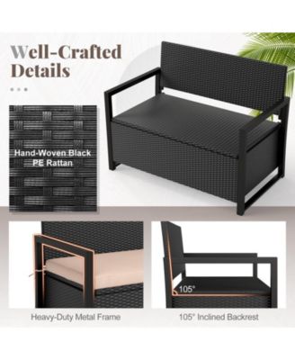Patio Storage Bench Wicker Loveseat w/ Built-in Storage & Long Seat Cushion Outdoor