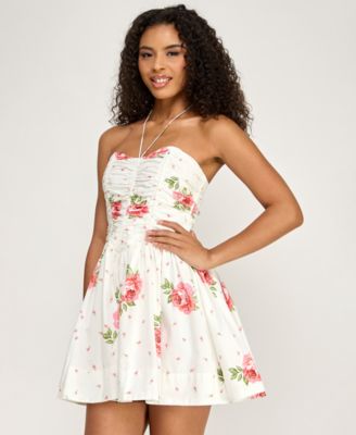 Juniors' Floral Halter Neck Mini Dress