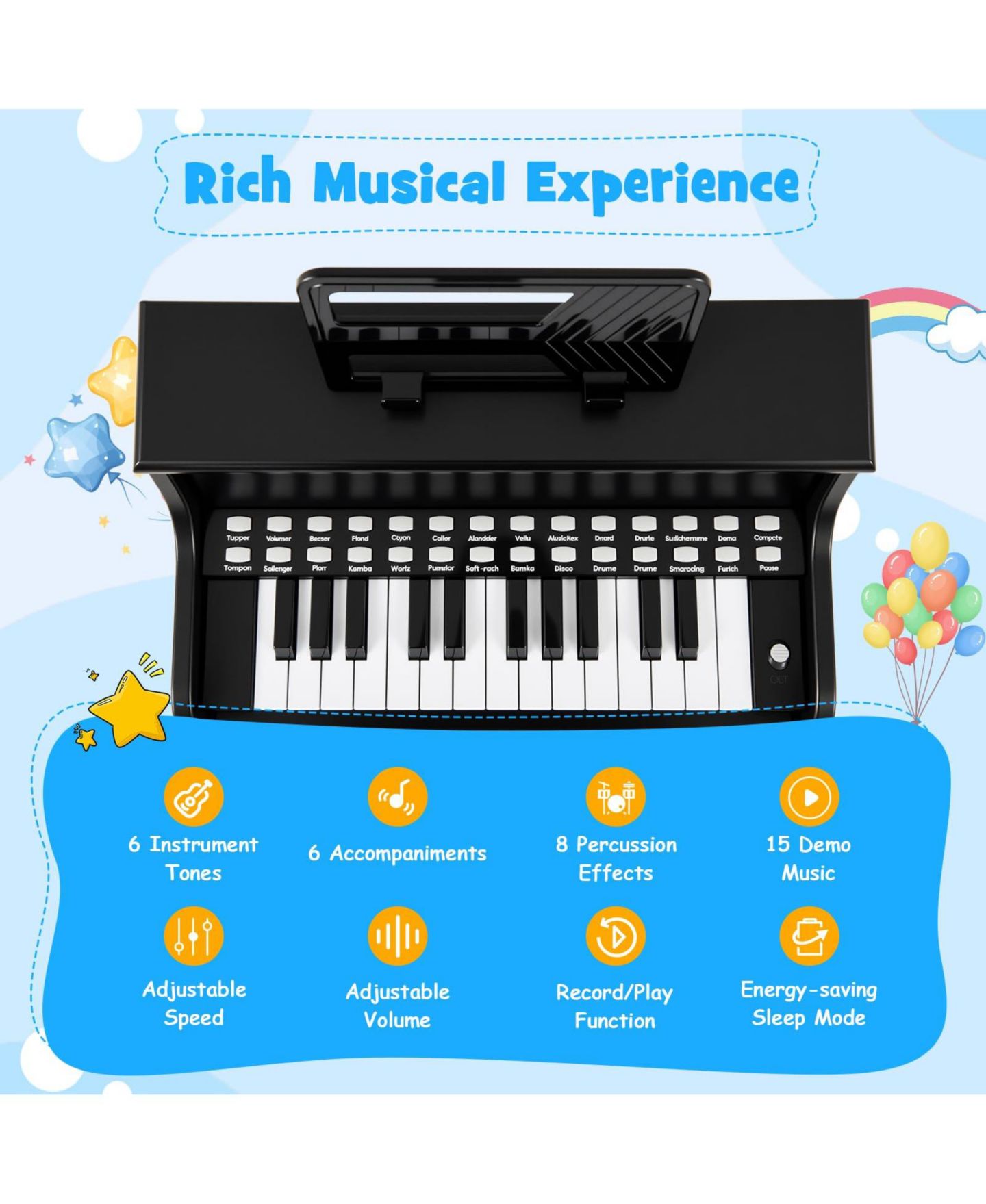 Детские игрушки Mecale 25-Key Kids Piano Keyboard Interactive Lighted Keys 3-Piece Music Kit, Ages 3+, цвет: Чёрный — фото 7