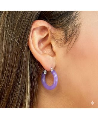 Solid Sterling Silver Simulated  Dyed Jade Hoop Earrings