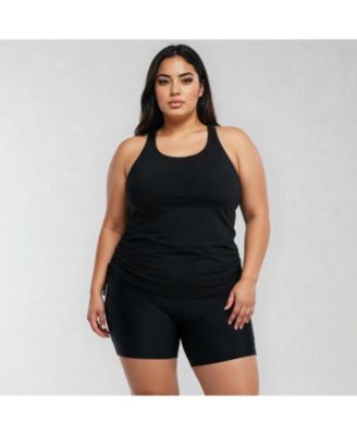 Plus Size Maya Tankini Swim Top With Built-In Bra and Black Mid-Thigh Swim Shorts