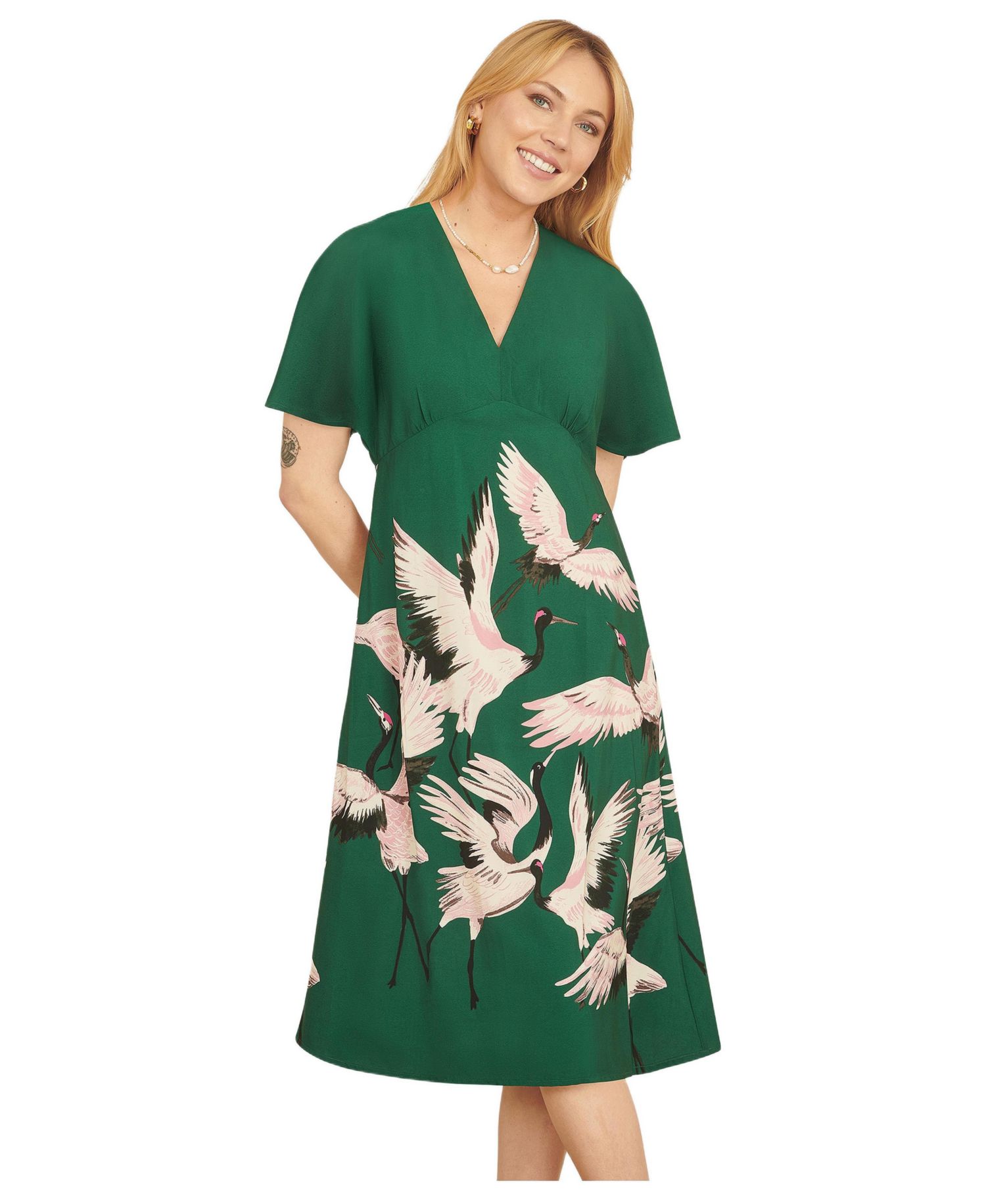 Women's Crane Print Kimono Midi Dress