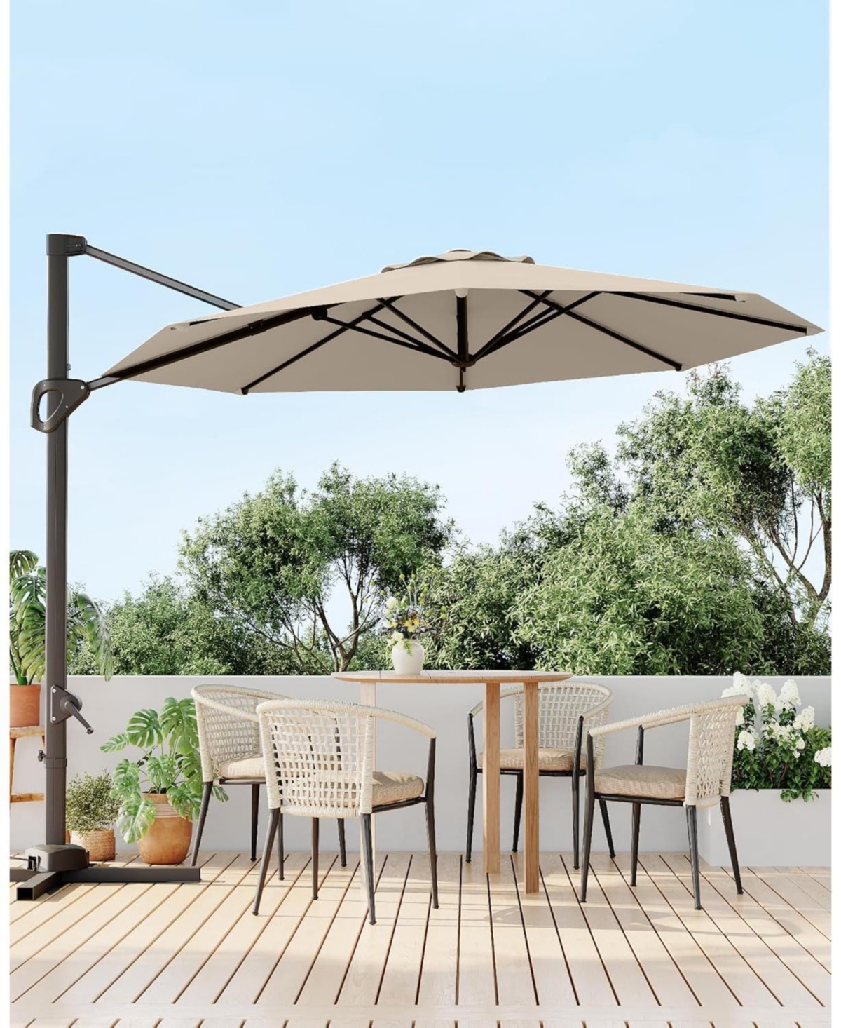 gaomon 10 ft Cantilever Patio Umbrella with Base, 360 Rotation, Offset Market Sun Shade, Outdoor Deck & Garden, Brown