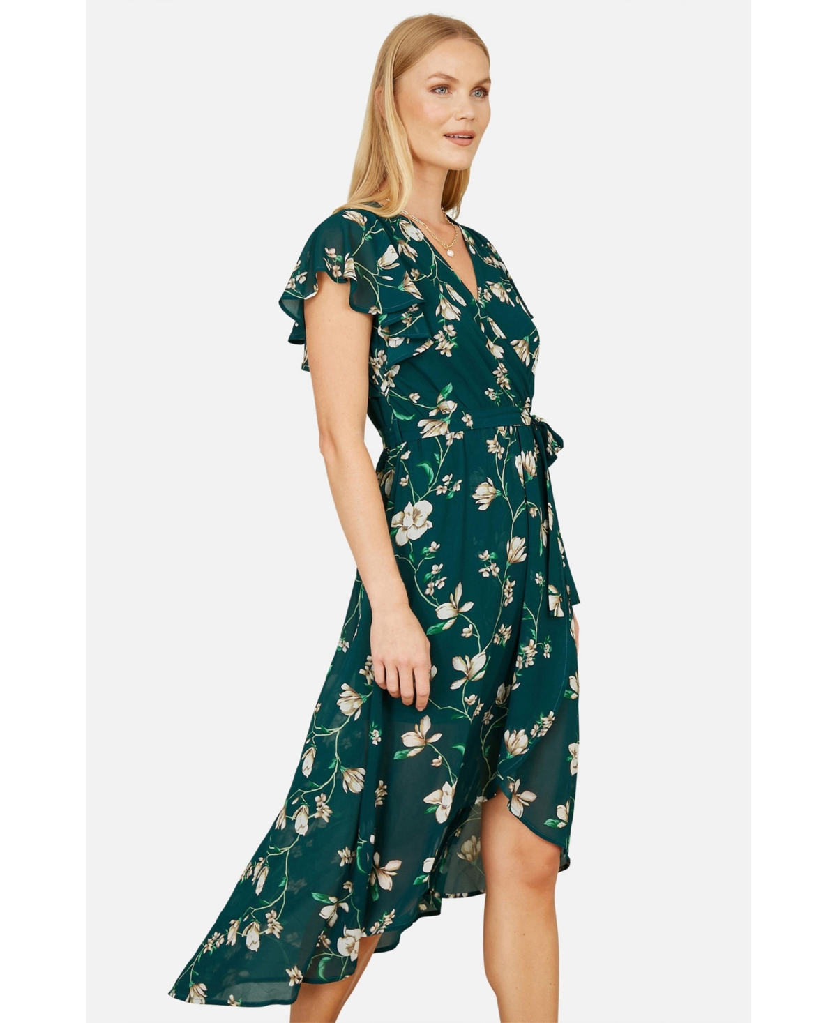 Yumi Women's Floral Frill Hem Wrap Midi Dress