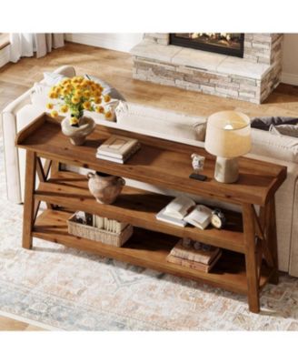 3-Tier Solid Wood Console Table with X-Shaped Frame, 63-Inch Farmhouse Entryway Table, Sofa Console Behind Couch
