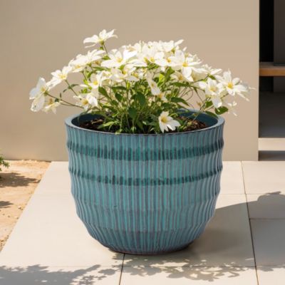 Boho Coastal Ceramic Planter, Tall Pot with Ribbed Texture & Weathered Finish