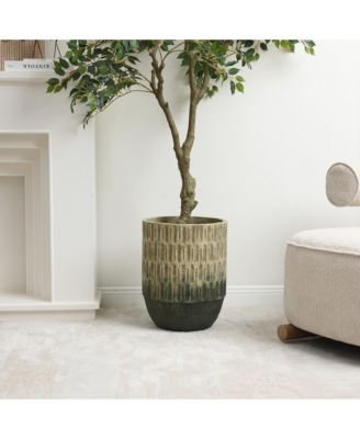 Old-World Brown with Green Bottom 16.5-Inch Tall Round Cement Planter