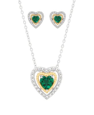3-Piece Lab Grown Emerald (1-1/2 ct. t.w.) and White Topaz (5/8 ct. t.w.) Heart Pendant Necklace and Stud Earrings Set in 14k Sterling Silver