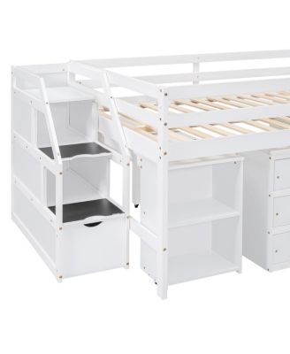 Full Size Loft Bed with Desk, Storage Stairs & Shelves
