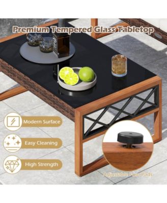 2 Pieces Patio PE Wicker Furniture Set Outdoor Acacia Wood Loveseat for Porch