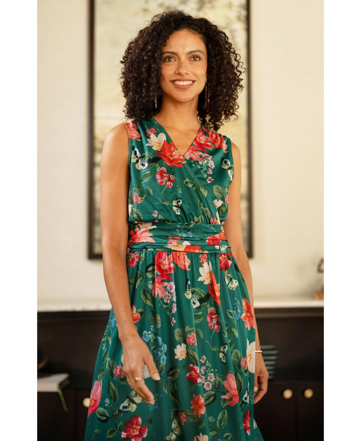 Yumi Women's Floral Print Mesh Stretch Midi Dress