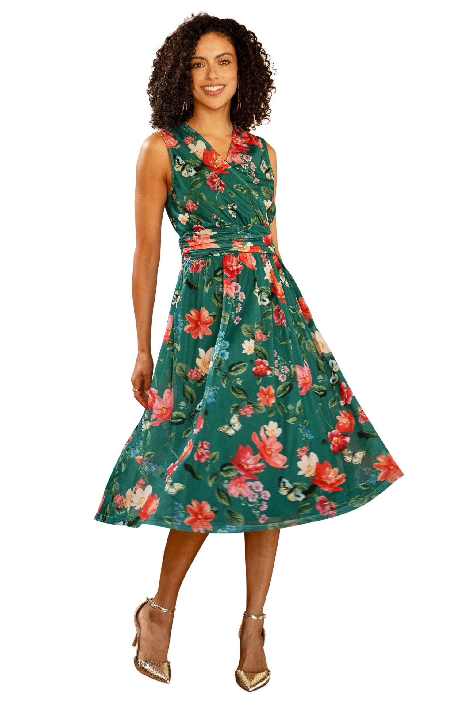 Women's Floral Print Mesh Stretch Midi Dress