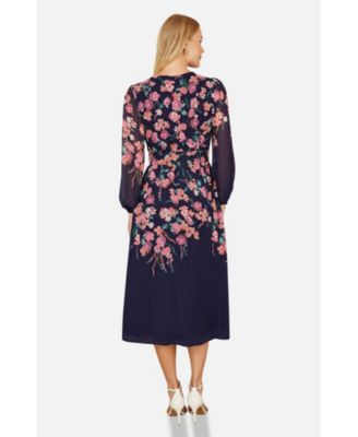 Women's Belted Floral Midi Dress
