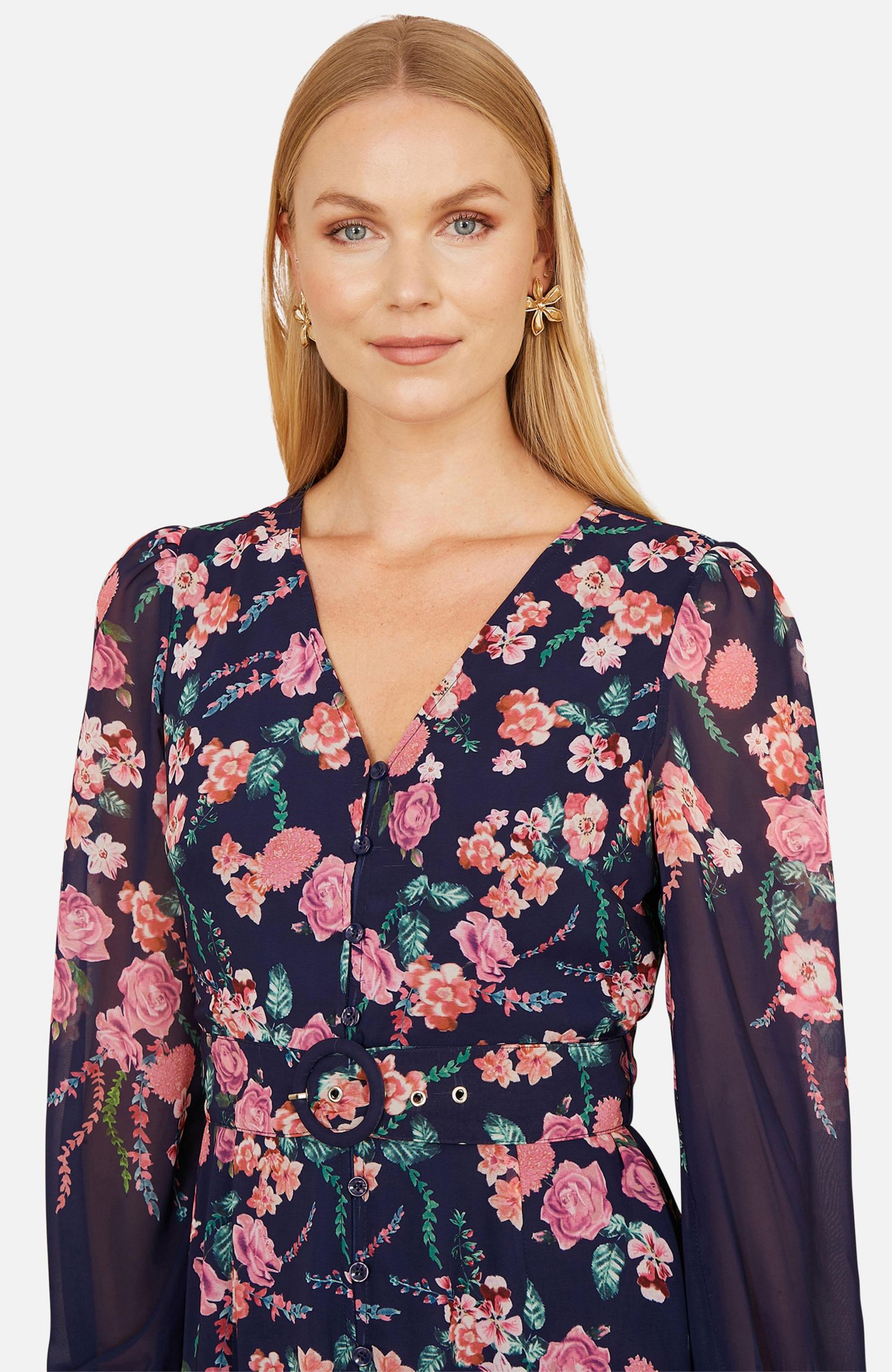 Women's Belted Floral Midi Dress