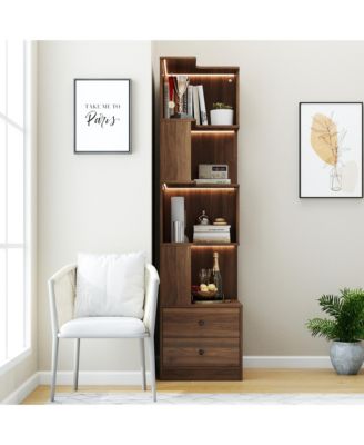 4 Tier Corner Bookshelf - L Shaped Bookcase, Freestanding Display Stand with Baffle, Led Lights and 2 Drawers for Living Room, Home Office