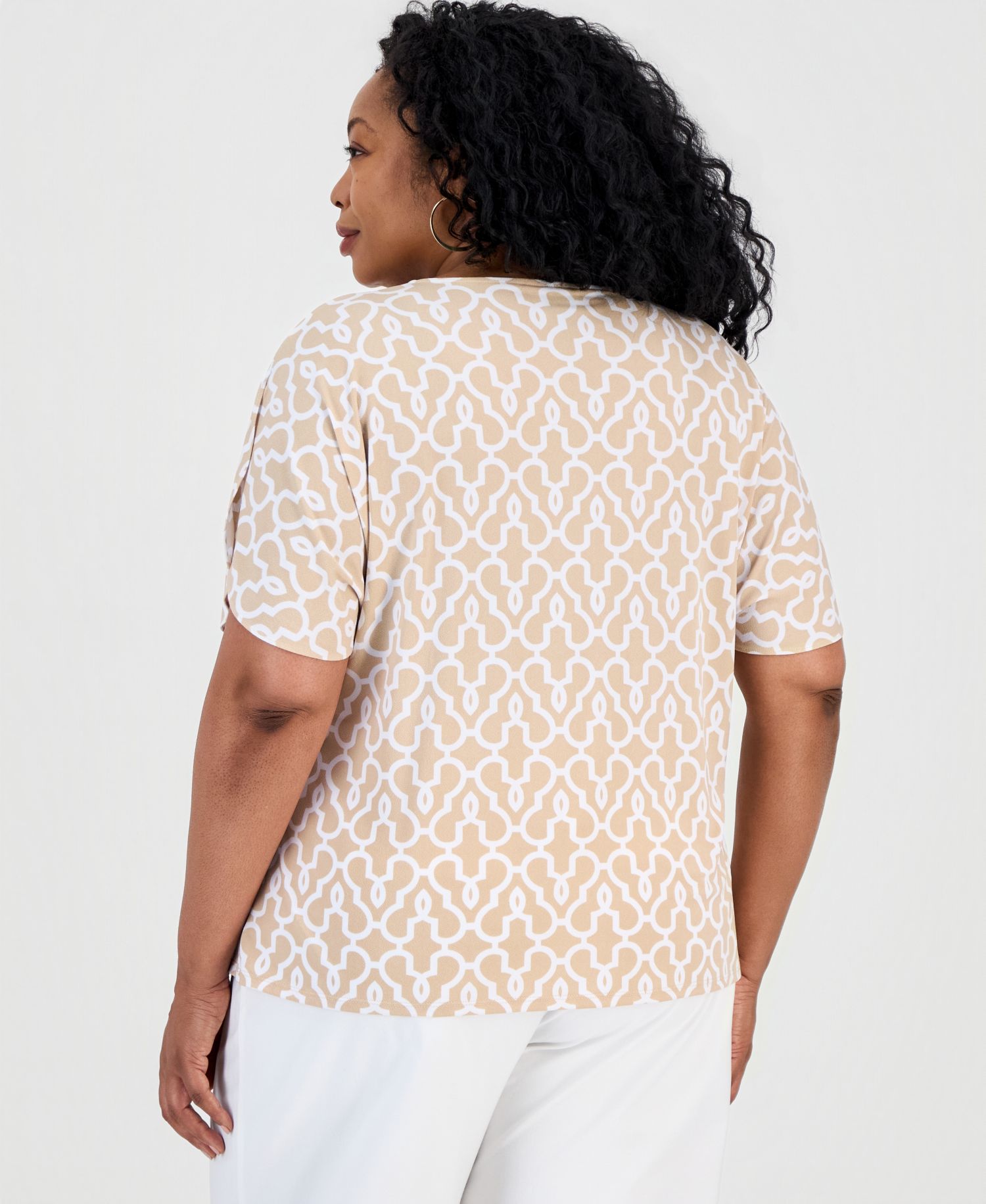 Petite Printed Keyhole Split-Sleeve Top