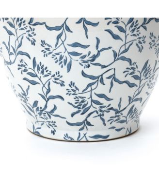 Blue Floral Ceramic Planter, 12.2" Round, Indoor & Outdoor Garden Pot