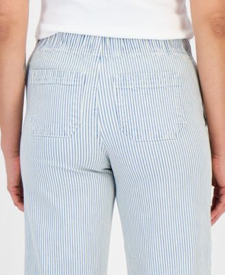 Petite Engineer-Stripe Pull-On Wide-Leg Jeans