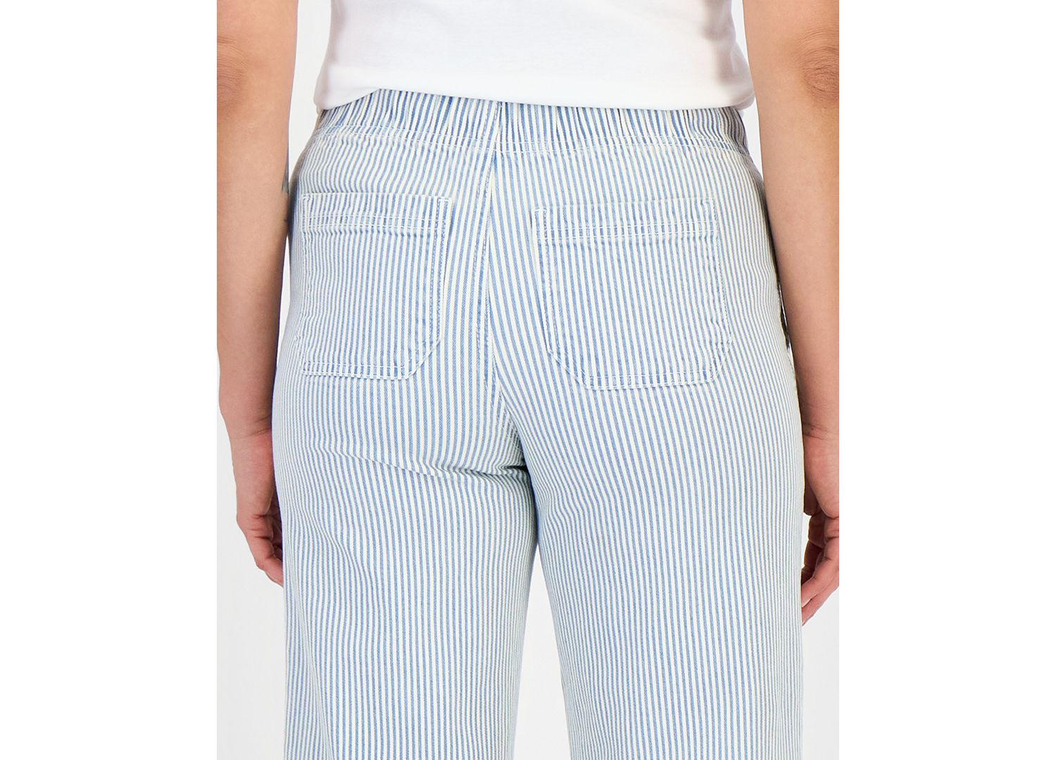 Petite Engineer-Stripe Pull-On Wide-Leg Jeans