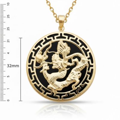 14k Onyx Dyed Jade Dragon Greek Key Circle Necklace 26mm x 32mm Pendant Necklace