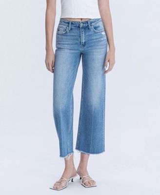 Women's High Rise Raw Hem Crop Slim Wide Leg Jeans