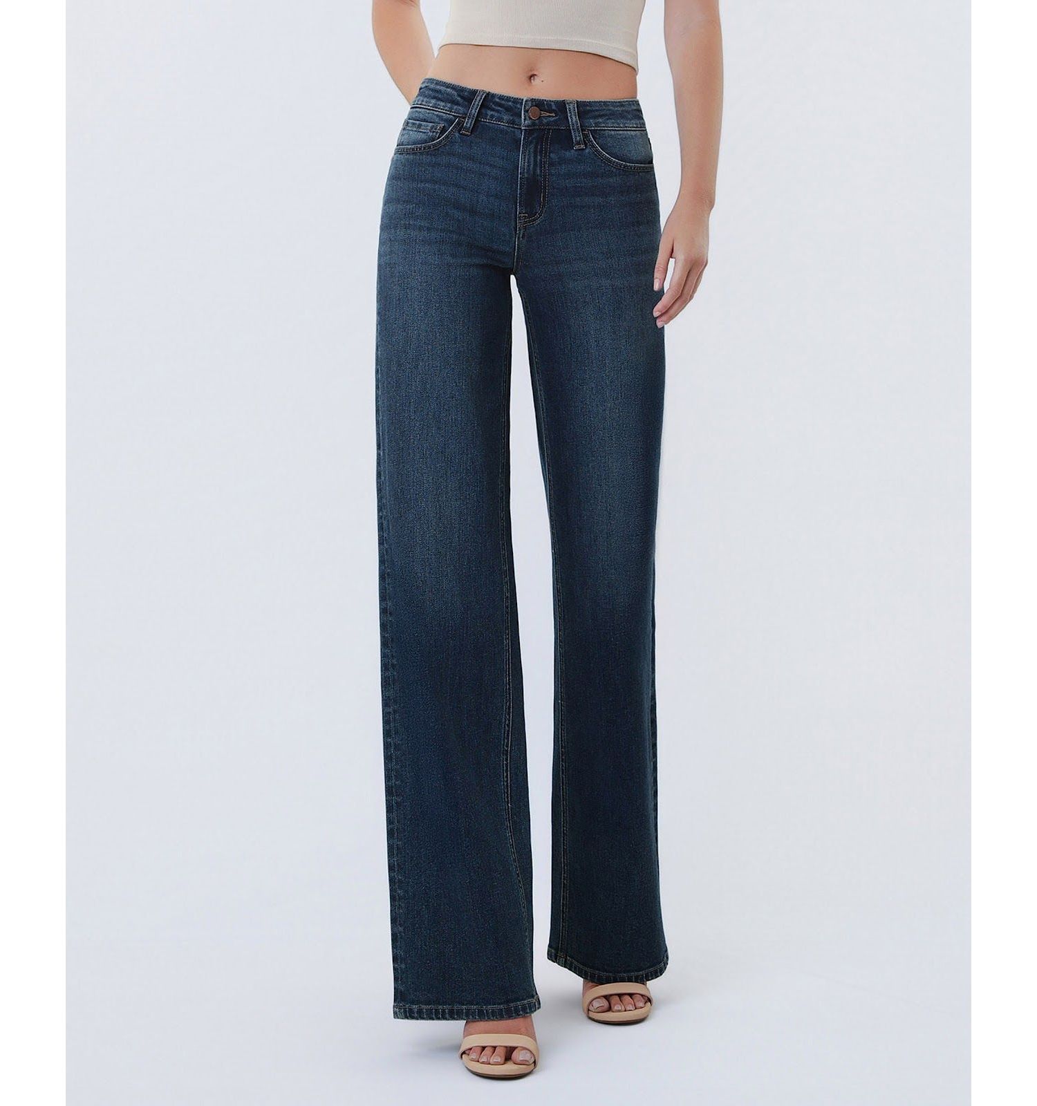 Women's Mid Rise Full Length Wide Leg Jeans