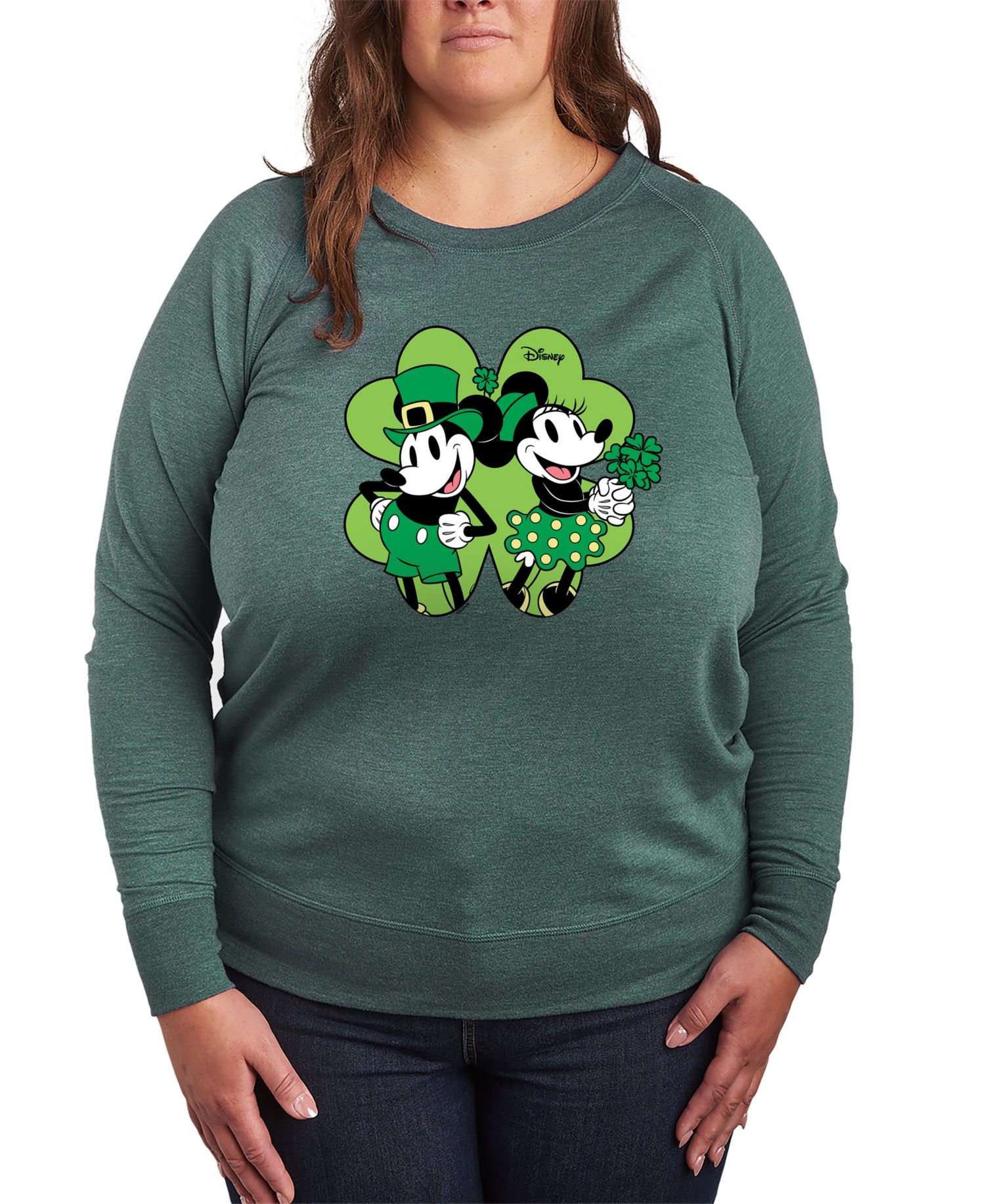 Plus Size Disney St. Patrick's Day Mickey Minnie Shamrock French Terry Graphic Crewneck T-Shirt