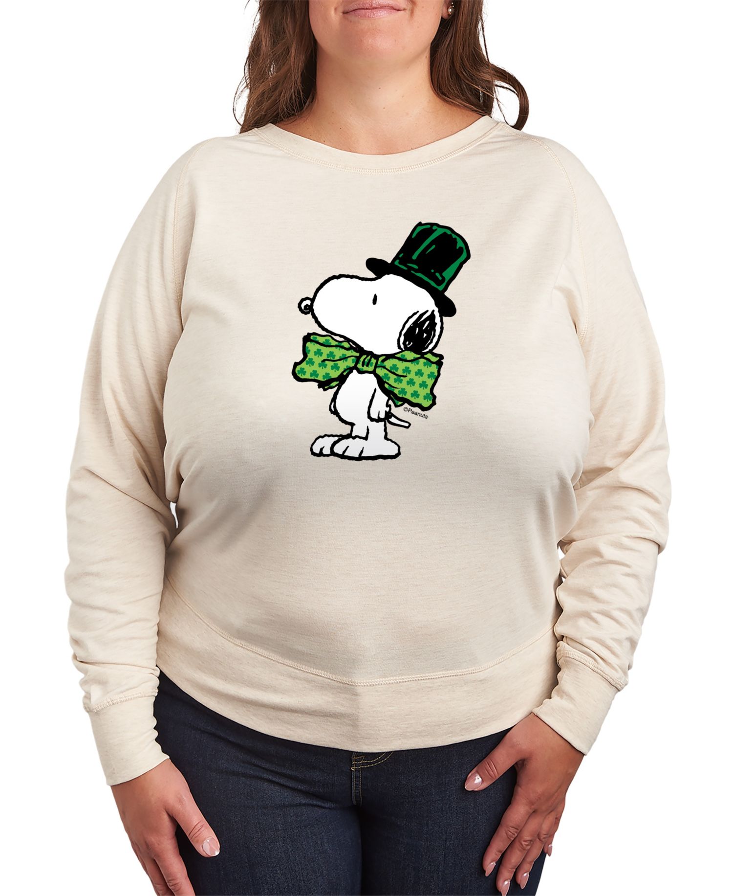 Plus Size Peanuts Snoopy Bowtie St. Patrick's Day French Terry Graphic Crewneck T-Shirt