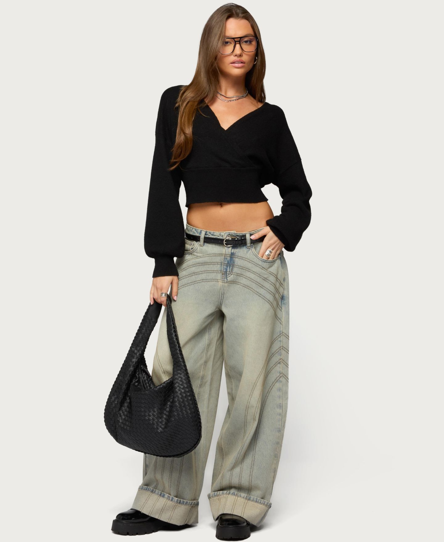 Женский свитер Edikted Lillia V Neck Wrap, цвет: Чёрный — фото 5