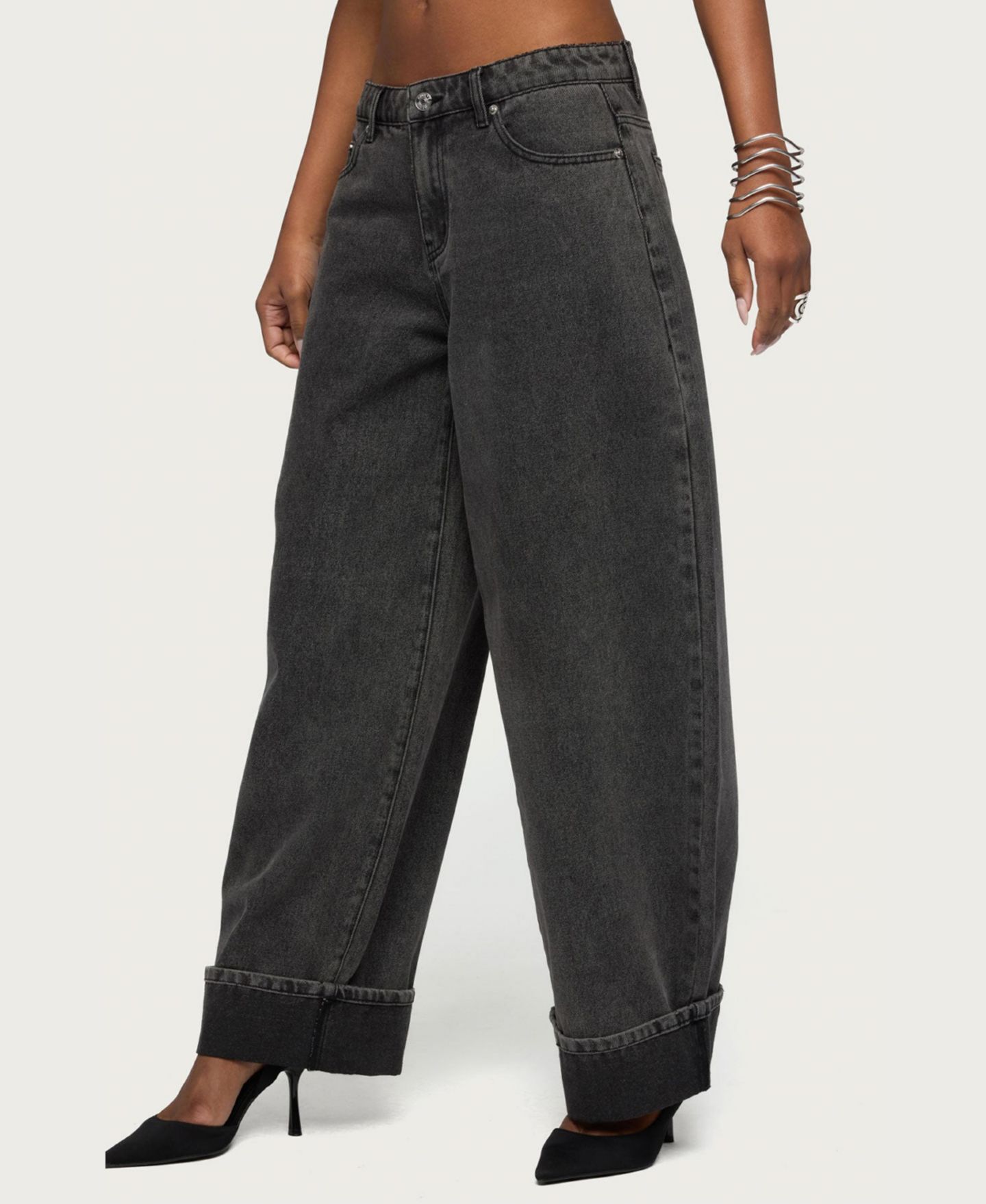 Женские джинсы Edikted Kella Low Rise Baggy, цвет: Чёрный потёртый — фото 4