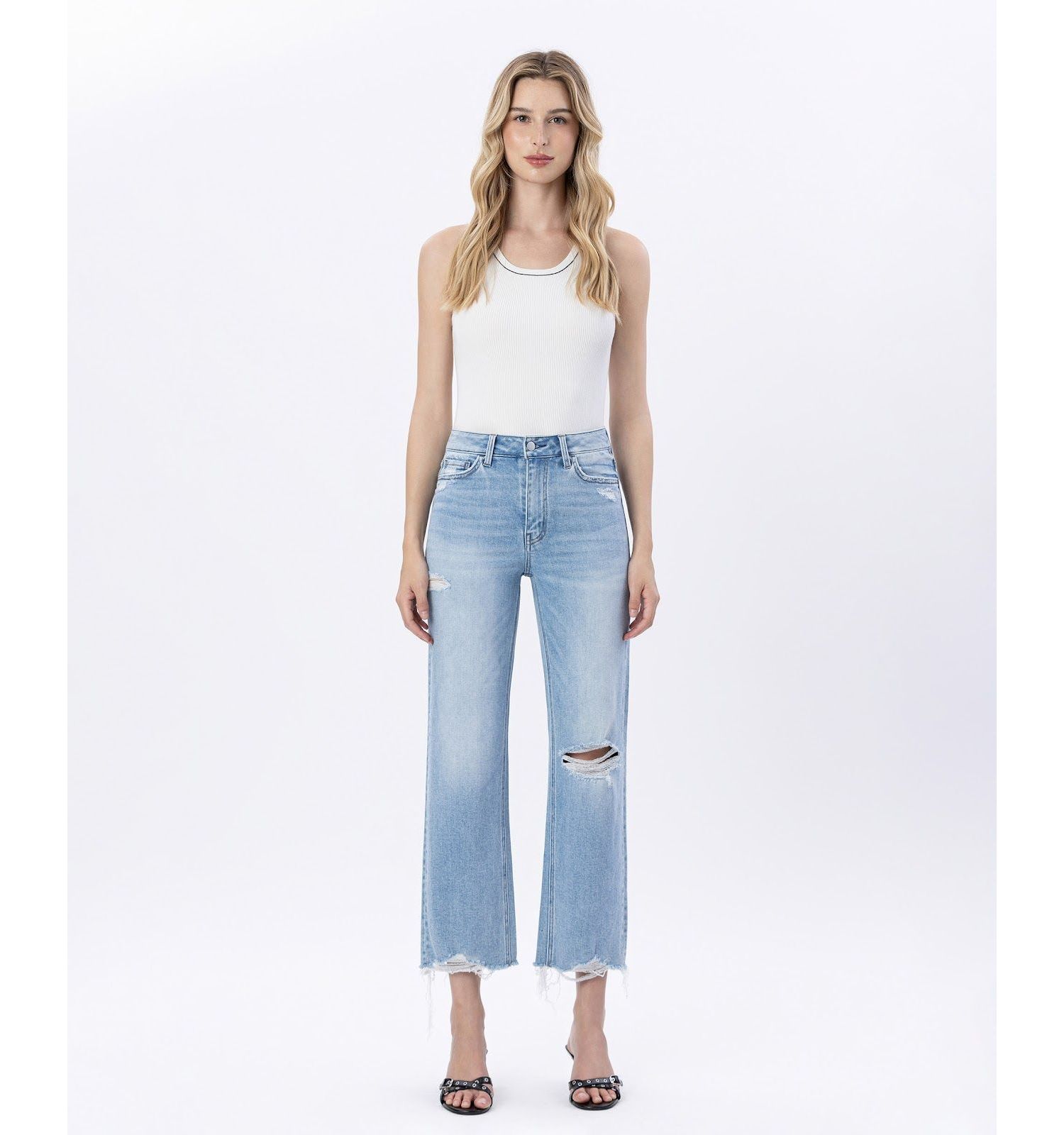 Women's High Rise Distressed Crop Slim Wide Leg Jeans